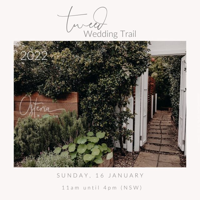 LET’S GET EXCITED!!
Not long until the 2022 @tweedweddingtrail 
✨SUNDAY 16th January 2022✨
We will be @osteriaweddings 
Cant wait to meet you all 👋 

Venue - @osteriaweddings
Stylist - @blissandwillow
Refinery Florist - @bunchitup
Garden Florist - @foreverus.com.any
Photographer - @birdandboyphotography
Photographer - @figtreepictures
Videographer - @nsiproductions
Hire - @hamptoneventhire
Lighting + Rigging - @outofthedarkeventlighting
Celebrant - @marriedbytash
Celebrant - @am.celebrant
Musicians - @rhythm.gold
DJ - @dj_corey_events
Hair - @tinakristenweddings
Make Up - @mokshamakeup
Stationery - @whiteletterstationery
Theming - @thepetalpropco
Mobile F+B - @wheelandspoon 
Cocktails ~ @brookiesgin
Pets -@pet_wedding_assistants
Accessories - @thewholebride
Child Minding - @kakesbiscuits
Transport - @foreverkombis